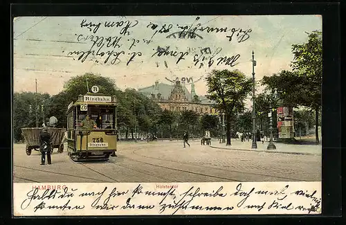 AK Hamburg, Strasse am Holstentor mit Litfasssäule und Strassenbahn