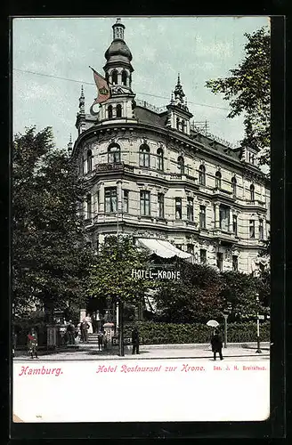 AK Hamburg-Eimsbüttel, Hotel Restaurant zur Krone, Strassenansicht mit Passanten