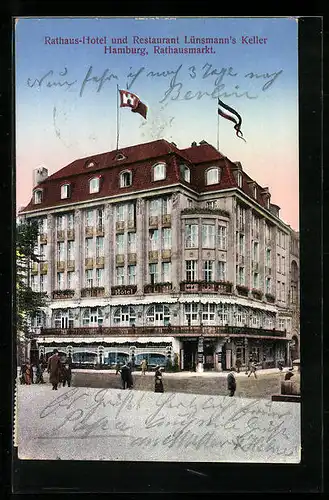 AK Hamburg, Rathaus-Hotel und Restaurant Lünsmanns Keller am Rathausmarkt, Strassenansicht