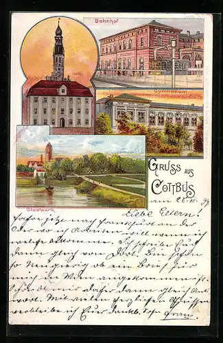 Lithographie Cottbus, Bahnhof, Gymnasium, Stadtpark