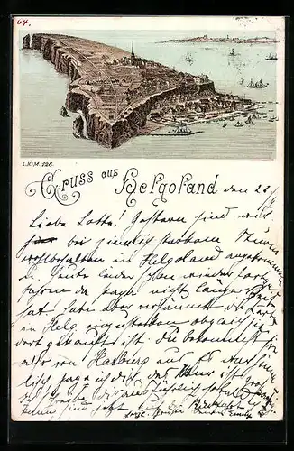 Lithographie Helgoland, Gesamtansicht aus der Vogelschau