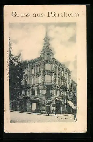 AK Pforzheim, Prächtiges Eckhaus mit Türmchen