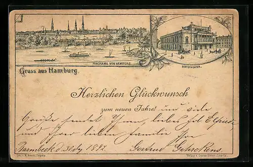 Vorläufer-Lithographie Hamburg-Neustadt, 1892, Stadttheater, Panorama der Stadt
