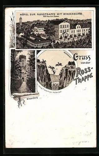 Vorläufer-Lithographie Thale, 1893, Hotel zur Rosstrappe mit Winzenburg