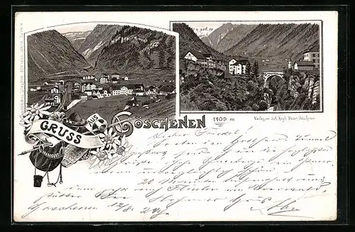 Vorläufer-Lithographie Göschenen, 1895, Teilansicht mit Brücke, Panorama