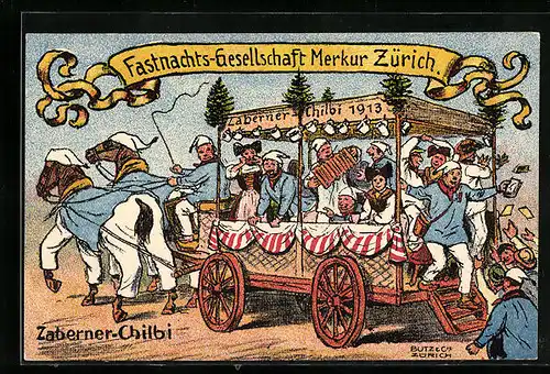 Künstler-AK Zürich, Zaberner Chilbi der Fastnachts-Gesellschaft Merkur