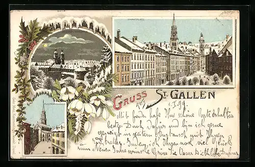 Winter-Lithographie St. Gallen, Kloster und Kathedrale, Marktplatz
