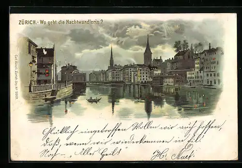 Lithographie Zürich, Ortspartie mit einer Nachtwandlerin, Optische Täuschung