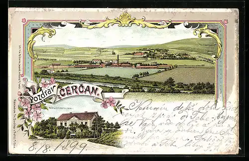 Lithographie Cercany, Panorama, Nadrazni restaurace