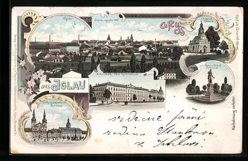 Lithographie Iglau, Staats-Ober Gymnasium, Friedhof-Kapelle, Panorama