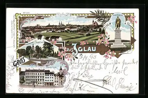 Lithographie Iglau, Stadtpark, Kempen-Denkmal, Totalansicht