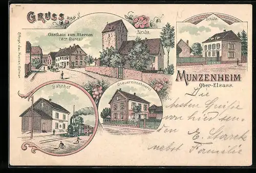 Lithographie Munzenheim, Gasthaus zum Sternen, Kirche, Bahnhof, Steuereinnehmerei