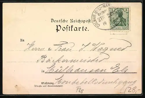 Lithographie Munzenheim, Gasthaus zum Sternen, Kirche, Bahnhof, Steuereinnehmerei