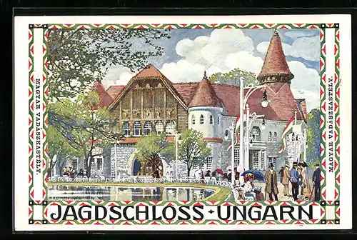 Künstler-AK H. Kalmsteiner: Wien, I. internat. Jagd-Ausstellung 1910, Jagdschloss Ungarn