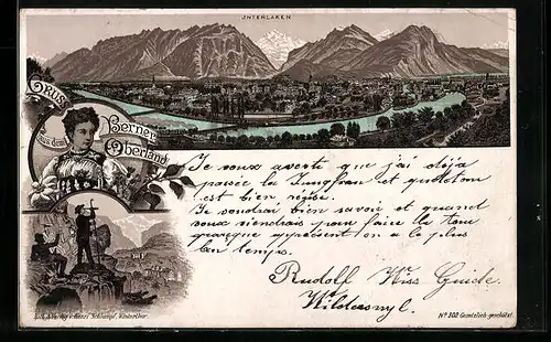 Vorläufer-Lithographie Interlaken, 1895, Gesamtansicht mit Panorama