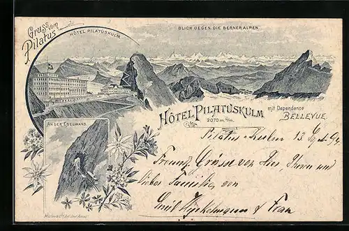 Vorläufer-Lithographie Pilatus, 1894, Hotel Pilatuskulm, an der Eselwand, Blick gegen die Berneralpen