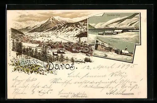 Vorläufer-Lithographie Davos, 1895, Gesamtansicht, Kurhaus, Davoser See
