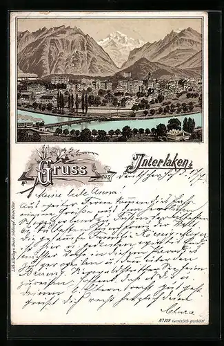 Vorläufer-Lithographie Interlaken, 1895, Gesamtansicht mit Bergpanorama
