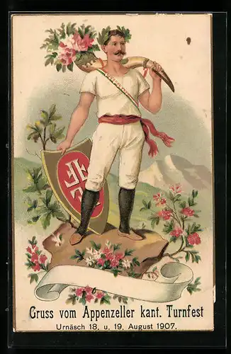 AK Turner thront mit Eichenlaub, Horn und Wappen auf einem Felsen, Eidgenössisches Turnfest Bern 1906