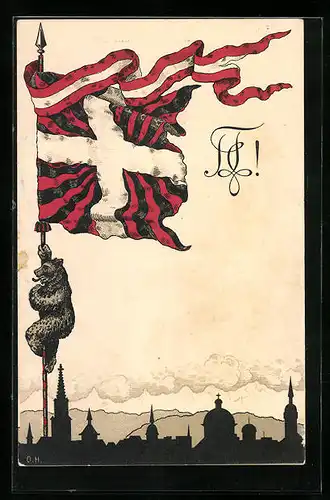 Künstler-AK Bär am Fahnenmast, studentische Szene