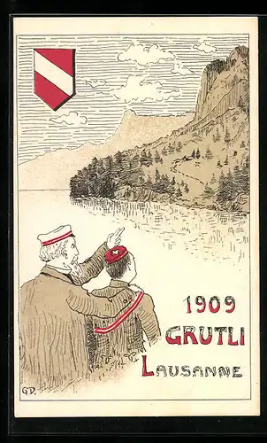 Künstler-AK Lausanne, Grutli 1909, studentische Szene, Alt-Student zeigt dem Jung-Student die Welt