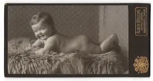 Fotografie Albin Meiche, Annaberg i. Sa., Zickzackpromenade, Freudig glucksendes Kleinkind auf einem Fell