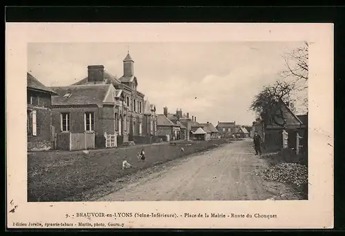 AK Beauvoir-en-Lyons, Place de la Mairie, Route du Chouquet