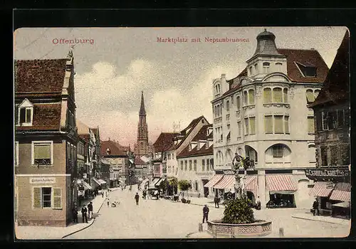 AK Offenburg, Marktplatz mit Neptunbrunnen