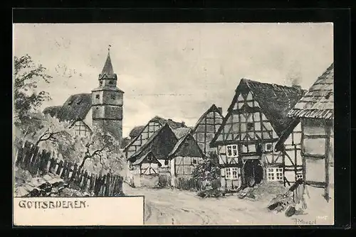 Künstler-AK Gottsbüren, Strassenpartie mit Fachwerkhäusern und Kirche