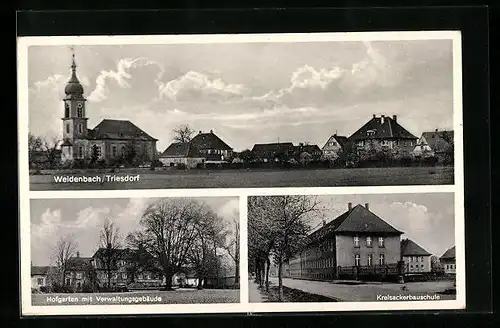 AK Weidenbach, Kreisackerbauschule, Hofgarten mit Verwaltungsgebäude, Teilansicht mit Kirche