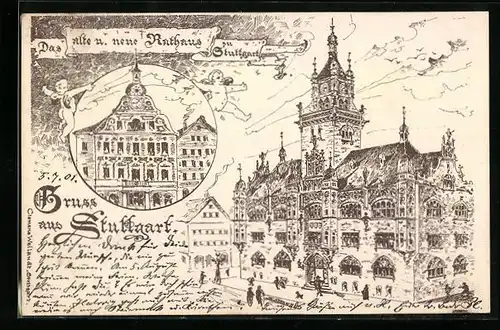 Künstler-AK Stuttgart, Das alte und neue Rathaus