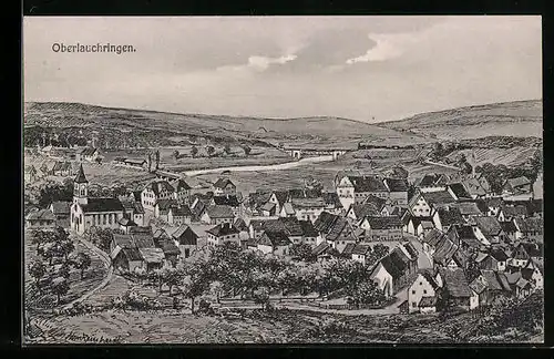 Künstler-AK Oberlauchringen, Ortsansicht aus der Vogelschau