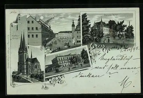 Lithographie Chemnitz, Markt, Carola Hotel, Bahnhof, Markus-Kirche