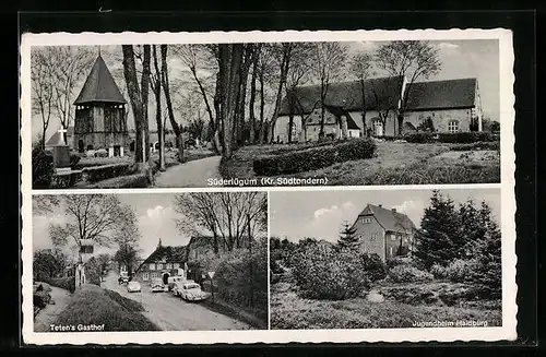 AK Süderlügum /Kr. Südtondern, Teten`s Gasthof, Bes. Volquardsen, Jugendheim Haidburg, Ortspartie, VW-Käfer