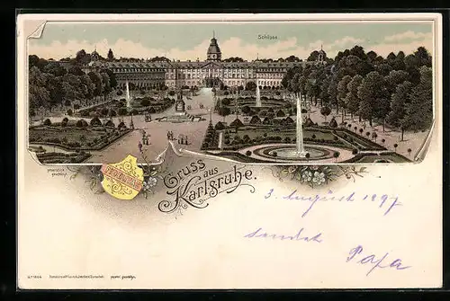 Lithographie Karlsruhe, Blick auf das Schloss mit Garten und Brunnen