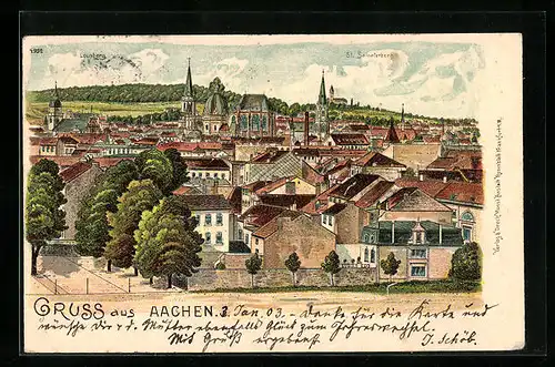 Lithographie Aachen, Ortsansicht mit Lousberg und St. Salvatorberg