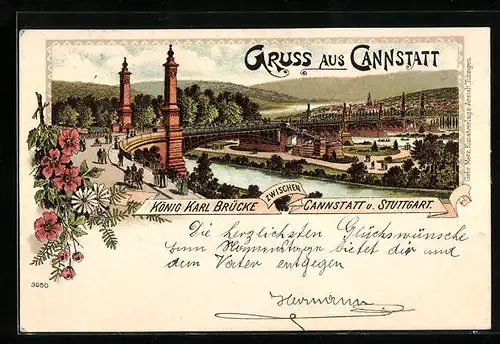 Lithographie Cannstatt, König Karl-Brücke