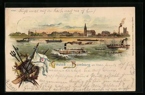Lithographie Homberg am Rhein, Panorama vom Fluss aus, Dampfer