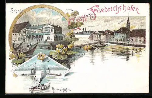 Lithographie Friedrichshafen, Hafeneinfahrt, Teilansicht