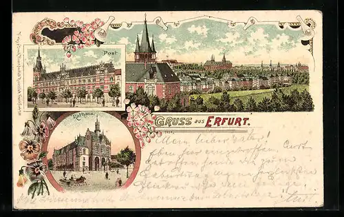 Lithographie Erfurt, Rathaus, Post, Ortspanorama
