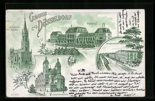 Lithographie Düsseldorf, Bahnhof, Johanniskirche