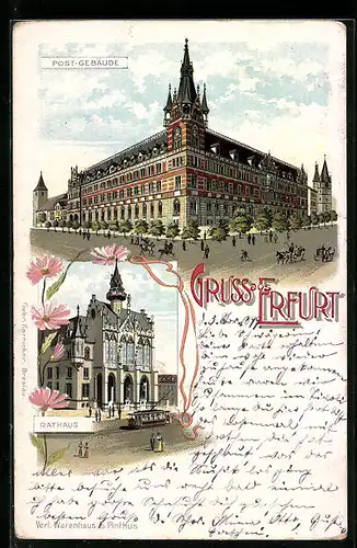 Lithographie Erfurt, Rathaus mit Strassenbahn, Postgebäude mit Passanten