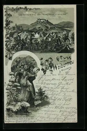 Lithographie Weinsberg, Burg Weibertreu, Sage von der Rettung der Männer durch ihre Frauen