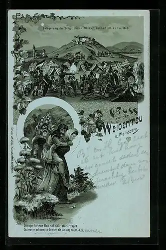 Lithographie Weinsberg, Burg Weibertreu, Sage von der Rettung der Männer durch ihre Frauen