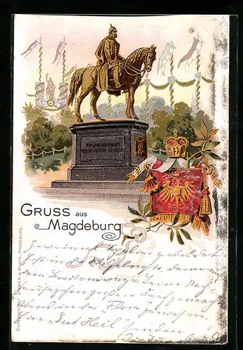 Lithographie Magdeburg, Kaiserdenkmal mit Festschmuck, Wappen