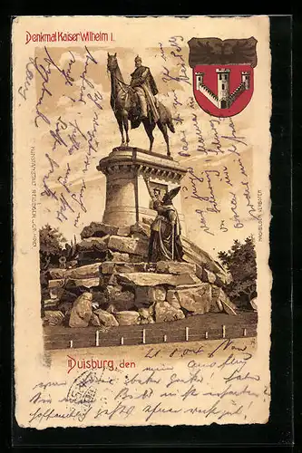 Lithographie Duisburg, Denkmal Kaiser Wilhelm I., Wappen