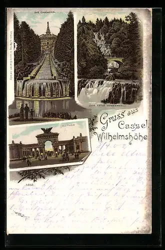 Lithographie Kassel, Wilhelmshöhe, neuer Wasserfall, Au-Thor, Cascaden