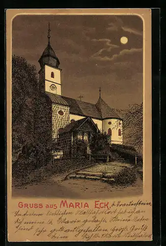 Mondschein-Lithographie Maria Eck, Blick auf Kirche