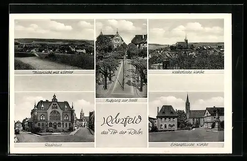 AK Hünfeld / Rhön, Rathaus, kath. Kirche, ev. Kirche, Gesamtansichten