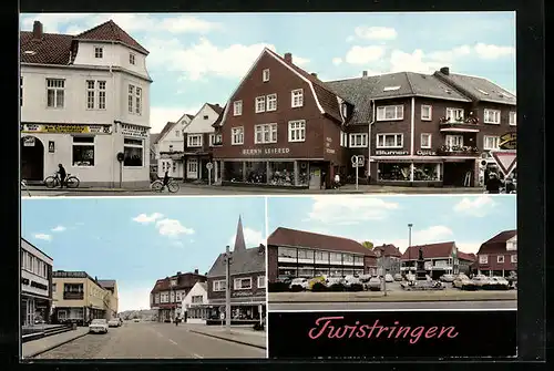 AK Twistringen, Strassenpartie mit Geschäft Bernh. Leifeld, Denkmal